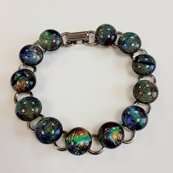 8" Galactic Dichroic Fused Glass Link Bracelet - Picture 2 of 2